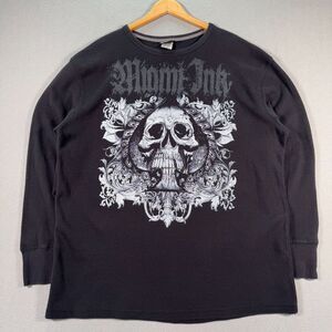 Vintage Miami Ink Thermal Long Sleeve T-Shirt Mens 2XL Black‎ Skull Biker Y2K